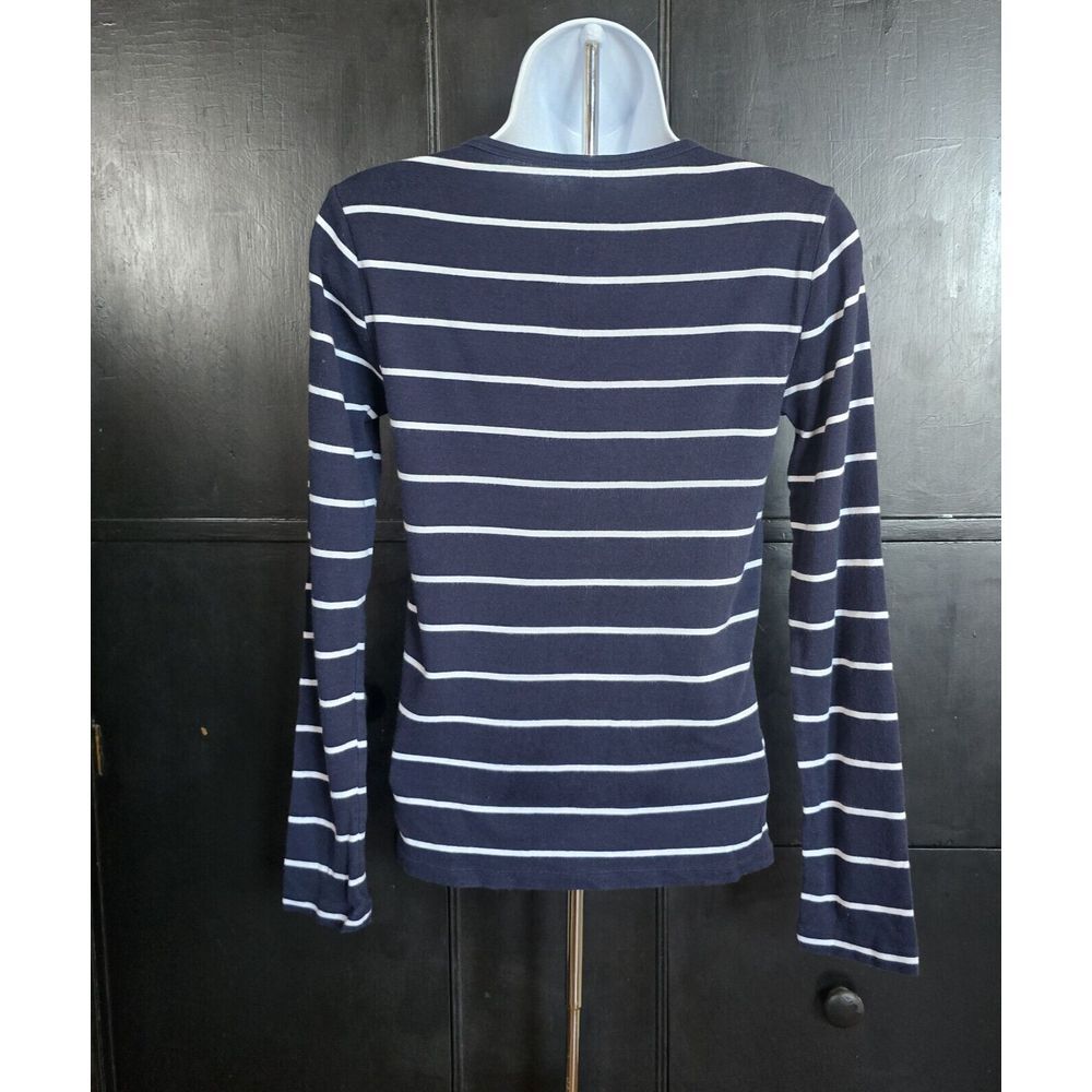 GAP Modern Tee Women M Navy Blue White Striped V-Neck Nautical Coastal Preppy - Picture 3 of 14